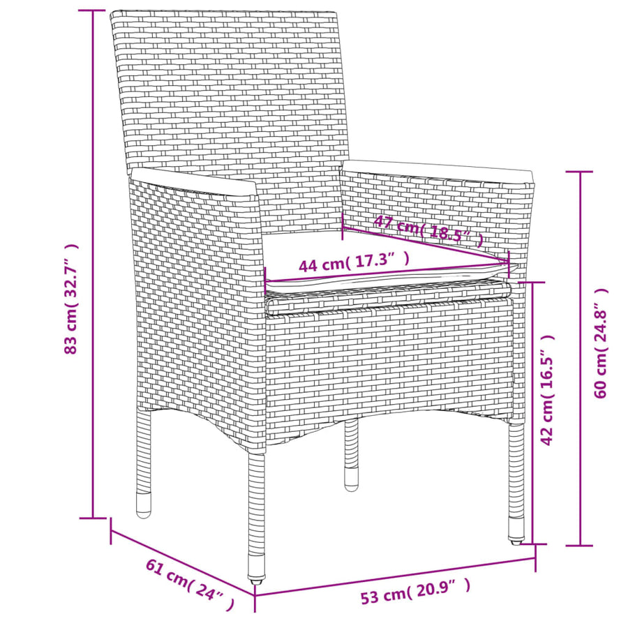 3-delige Tuinset met kussens poly rattan en acaciahout grijs