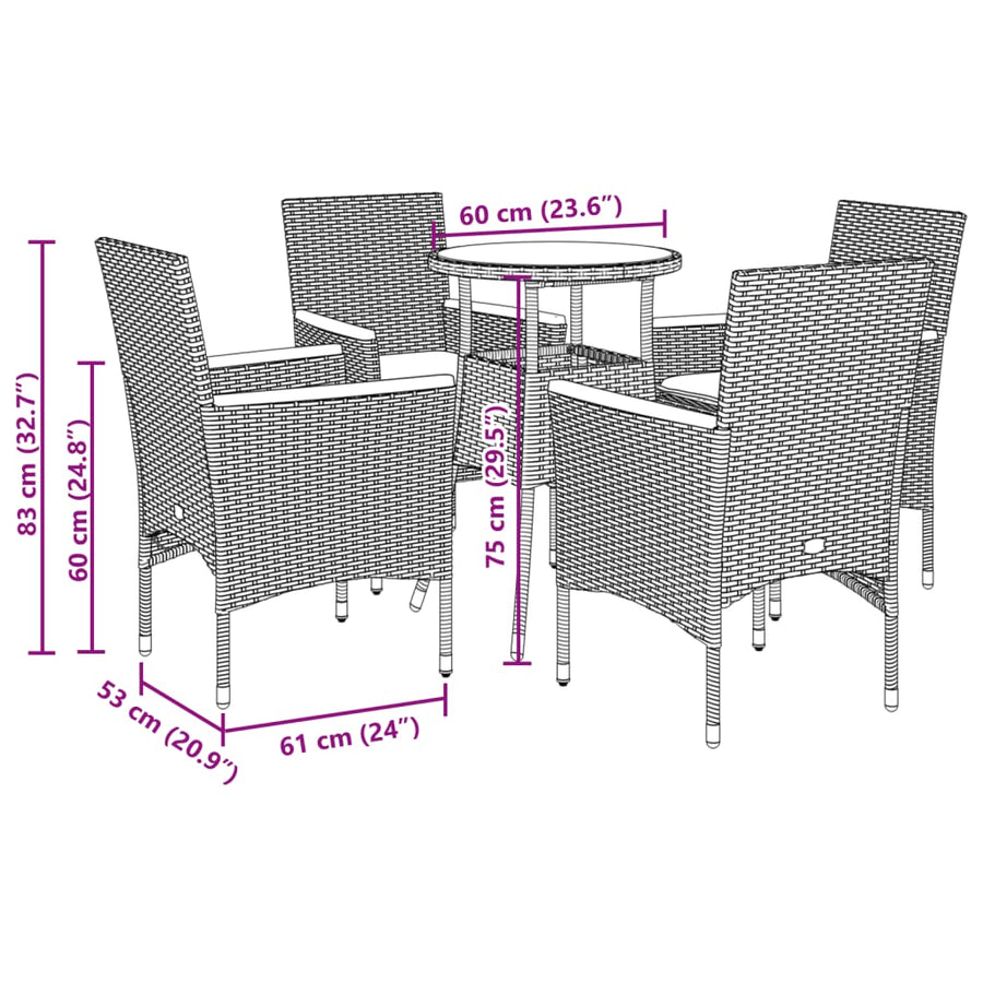 5-delige Loungeset met kussens poly rattan en acaciahout grijs