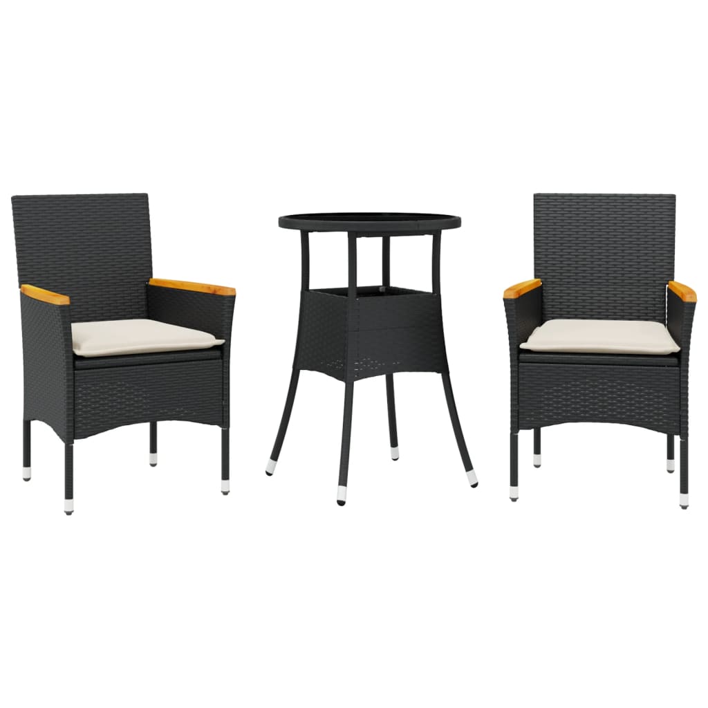 3-delige Tuinset met kussens poly rattan en glas zwart