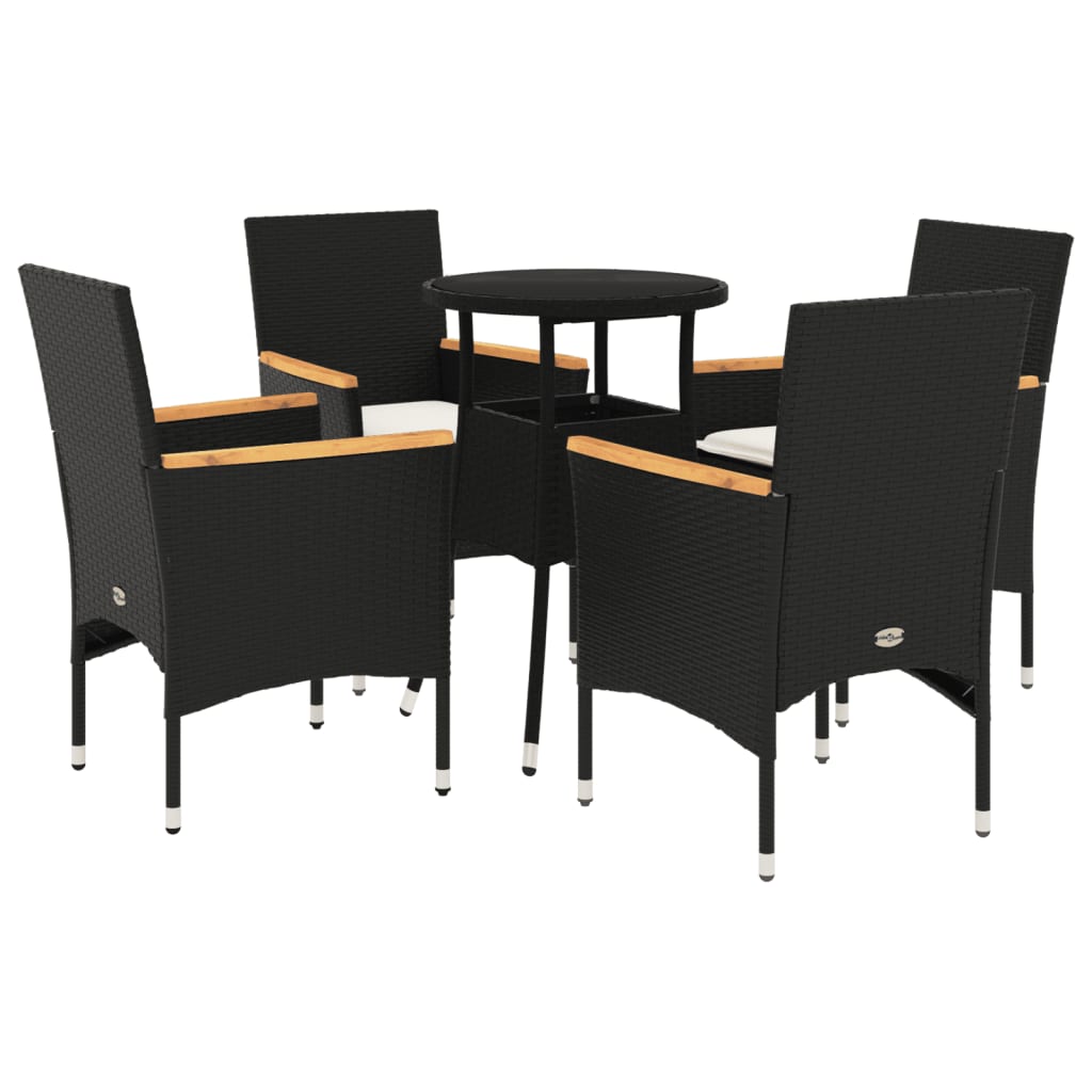 5-delige Tuinset met kussens poly rattan en glas zwart