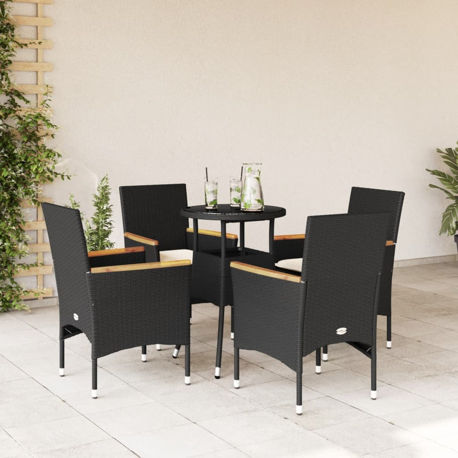 5-delige Tuinset met kussens poly rattan en glas zwart