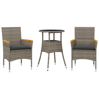 3-delige Tuinset met kussens poly rattan en glas grijs