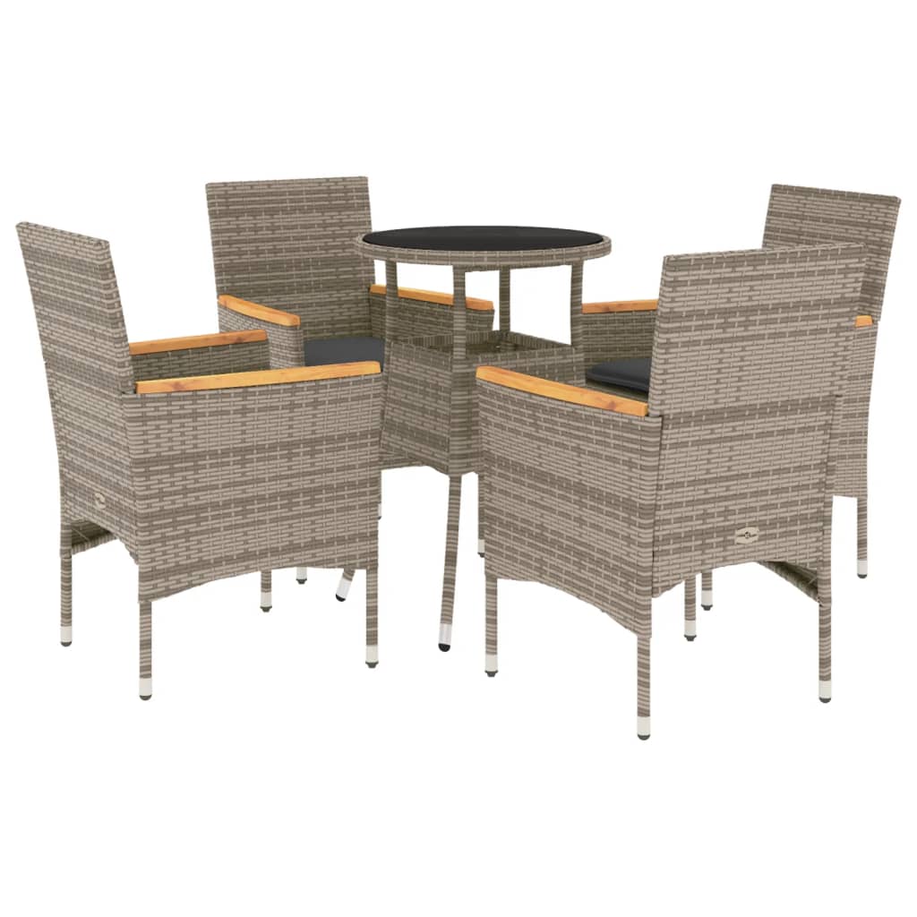 5-delige Tuinset met kussens poly rattan en glas grijs