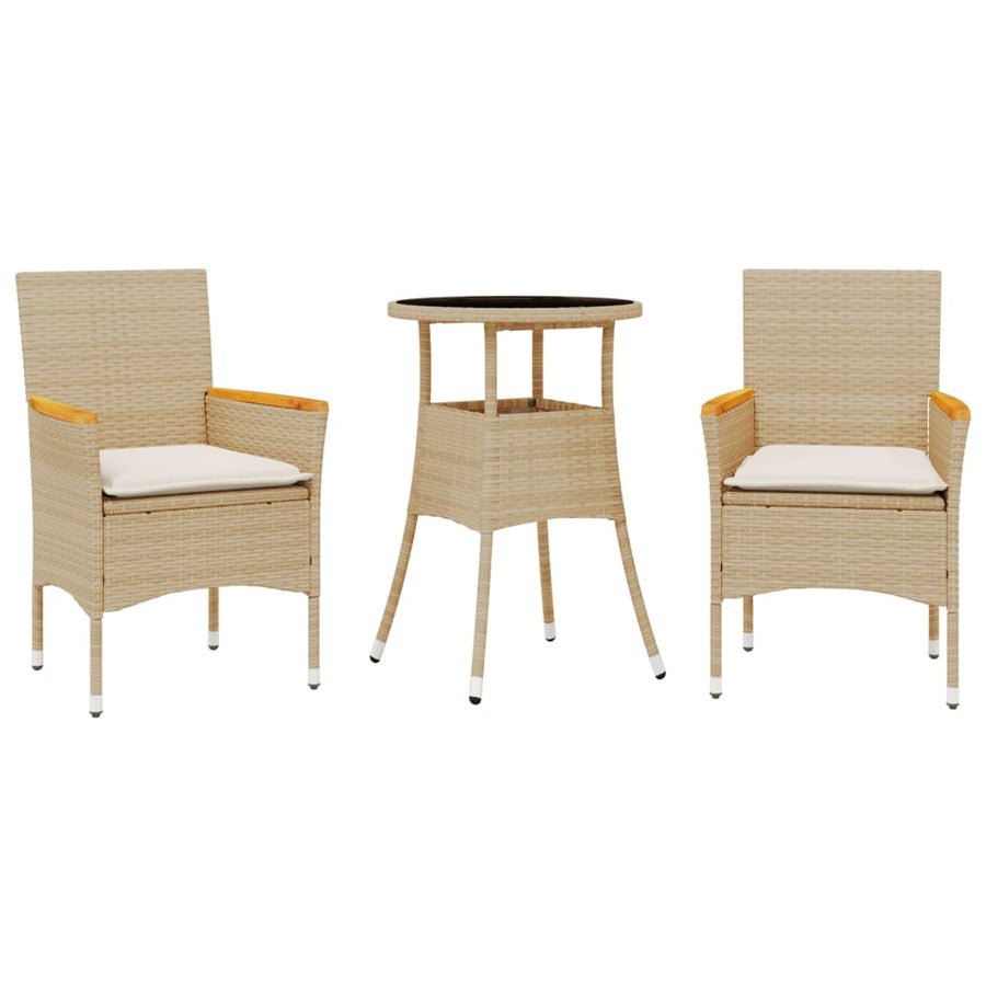 3-delige Tuinset met kussens poly rattan en glas beige