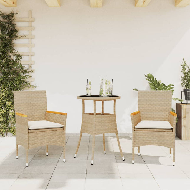 3-delige Tuinset met kussens poly rattan en glas beige