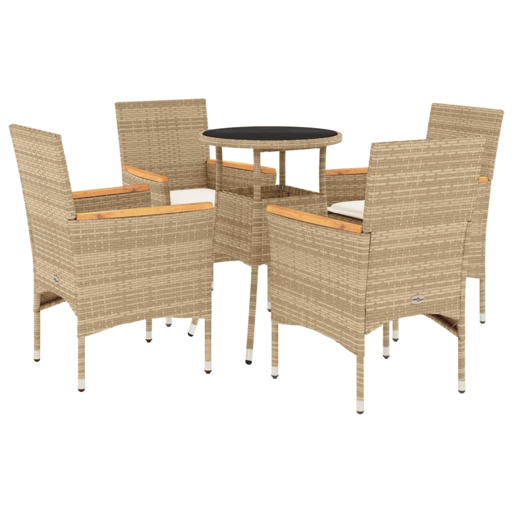 5-delige Tuinset met kussens poly rattan en glas beige