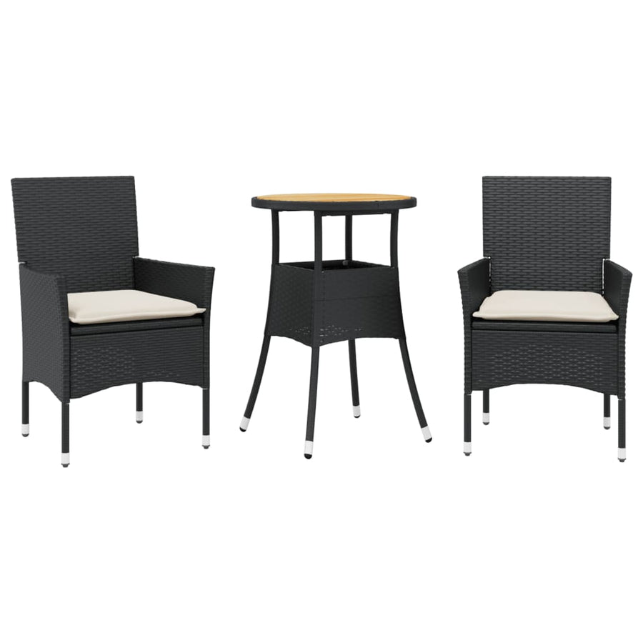 3-delige Tuinset met kussens poly rattan en acaciahout zwart