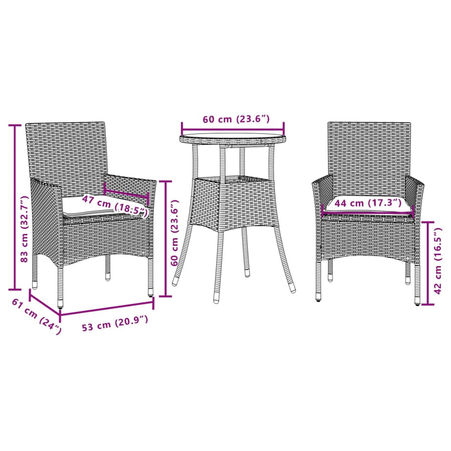 3-delige Tuinset met kussens poly rattan en acaciahout zwart