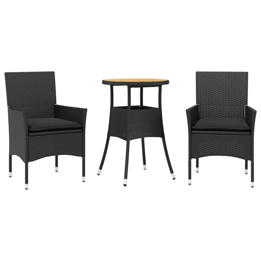 3-delige Tuinset met kussens poly rattan en acaciahout zwart