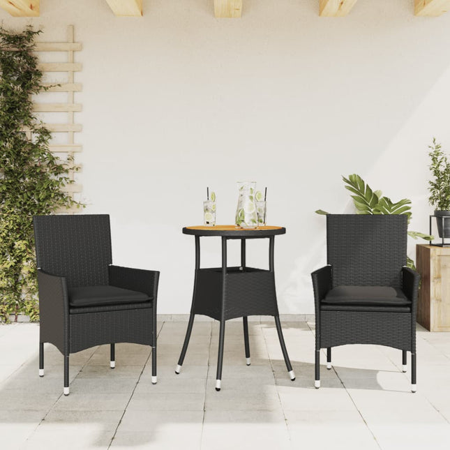 3-delige Tuinset met kussens poly rattan en acaciahout zwart