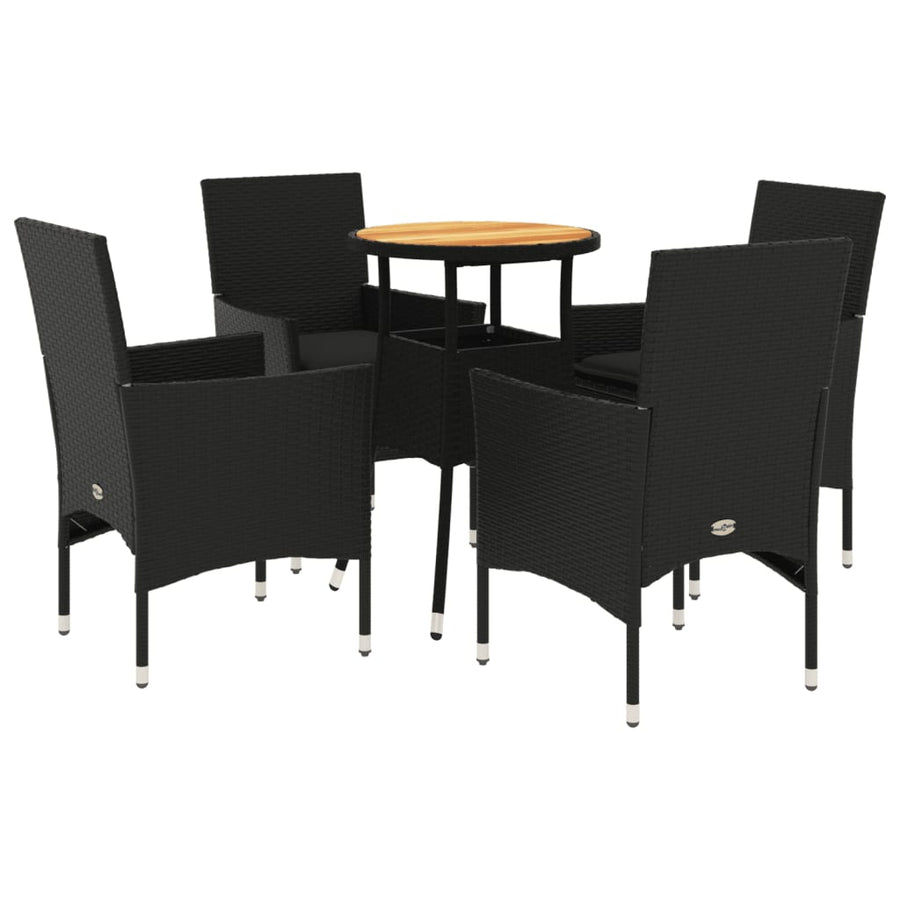 5-delige Loungeset met kussens poly rattan en acaciahout zwart