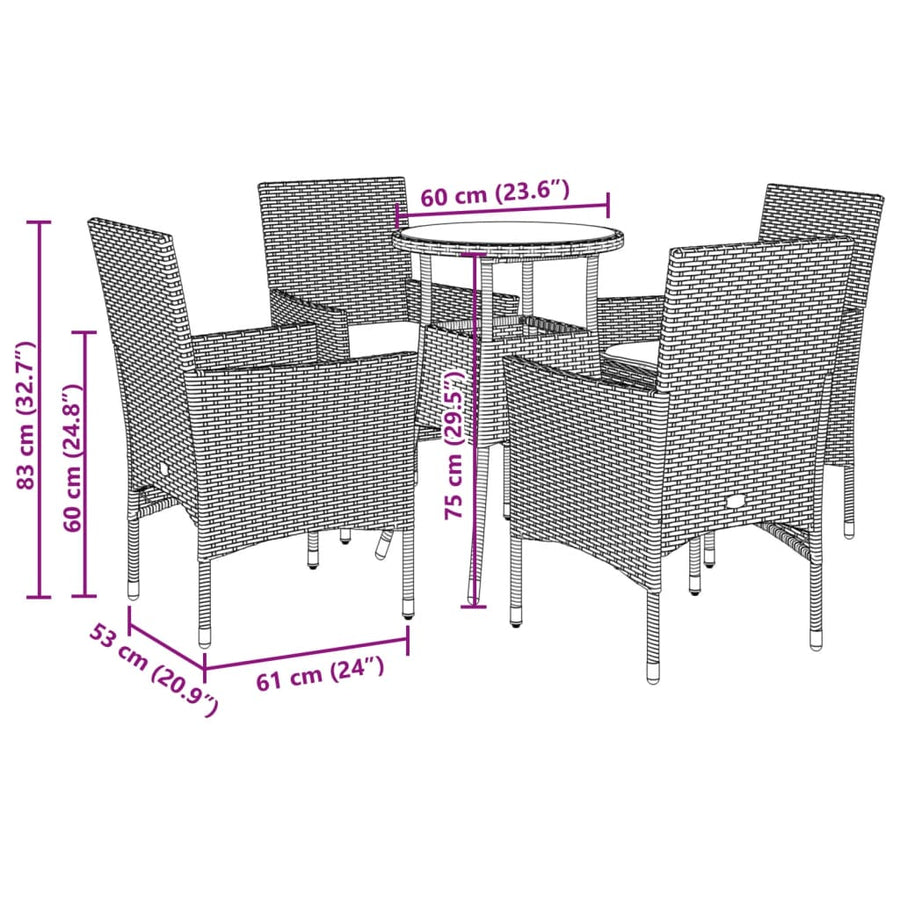 5-delige Loungeset met kussens poly rattan en acaciahout grijs