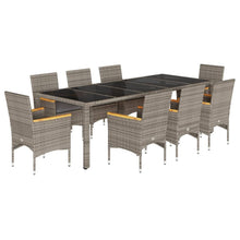 9-delige Tuinset met kussens poly rattan en glas grijs