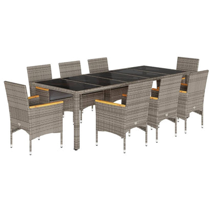 9-delige Tuinset met kussens poly rattan en glas grijs