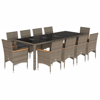 11-delige Tuinset met kussens poly rattan en glas grijs