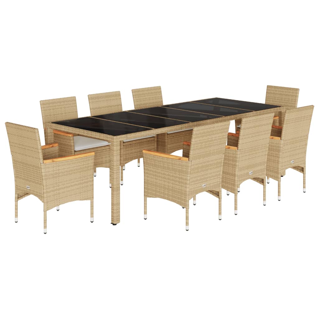 9-delige Tuinset met kussens poly rattan en glas beige