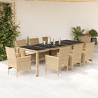 9-delige Tuinset met kussens poly rattan en glas beige