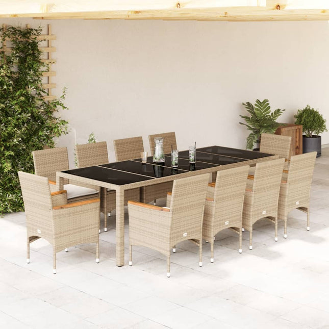 11-delige Tuinset met kussens poly rattan en glas beige