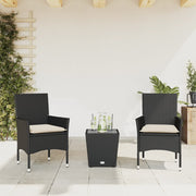 3-piece Bistro Set with Cushions in Black Polyrattan and Glass