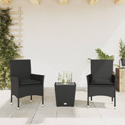 3-piece Bistro Set with Cushions in Black Polyrattan and Glass