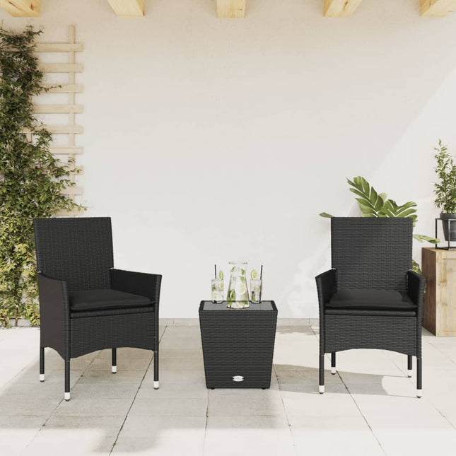 3-delige Bistroset met kussens poly rattan en glas zwart