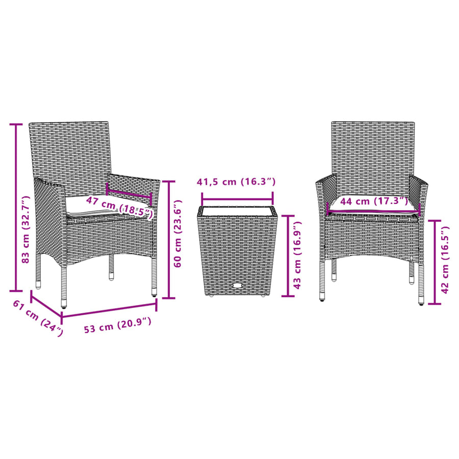 3-delige Bistroset met kussens poly rattan en glas beige