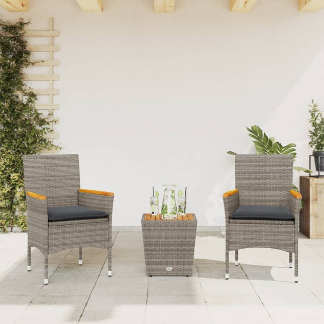 3-delige Bistroset met kussens poly rattan en glas grijs