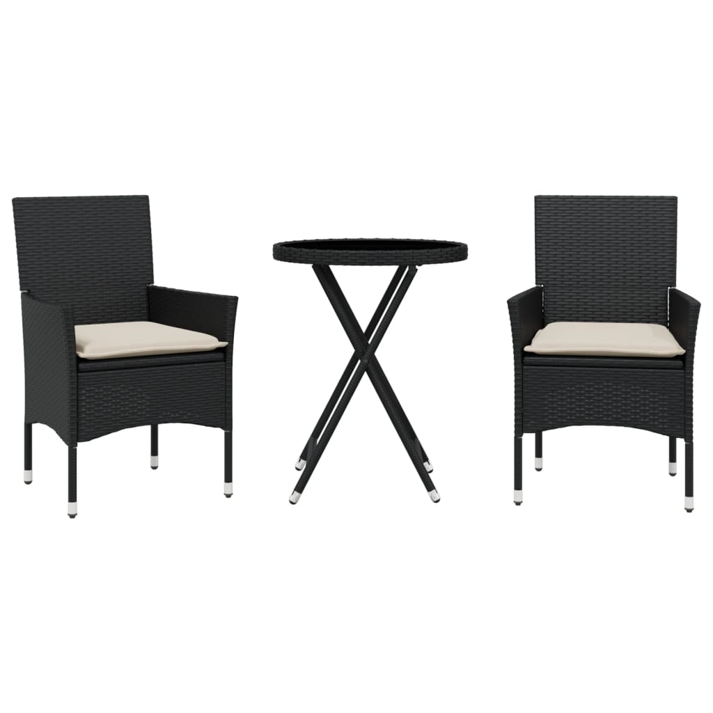 3-Delige Bistroset Met Kussens Poly Rattan En Glas Zwart en crème