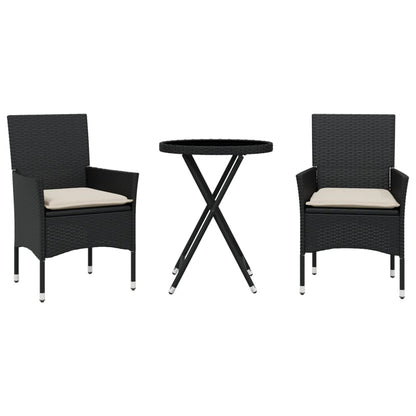 3-Delige Bistroset Met Kussens Poly Rattan En Glas Zwart en crème