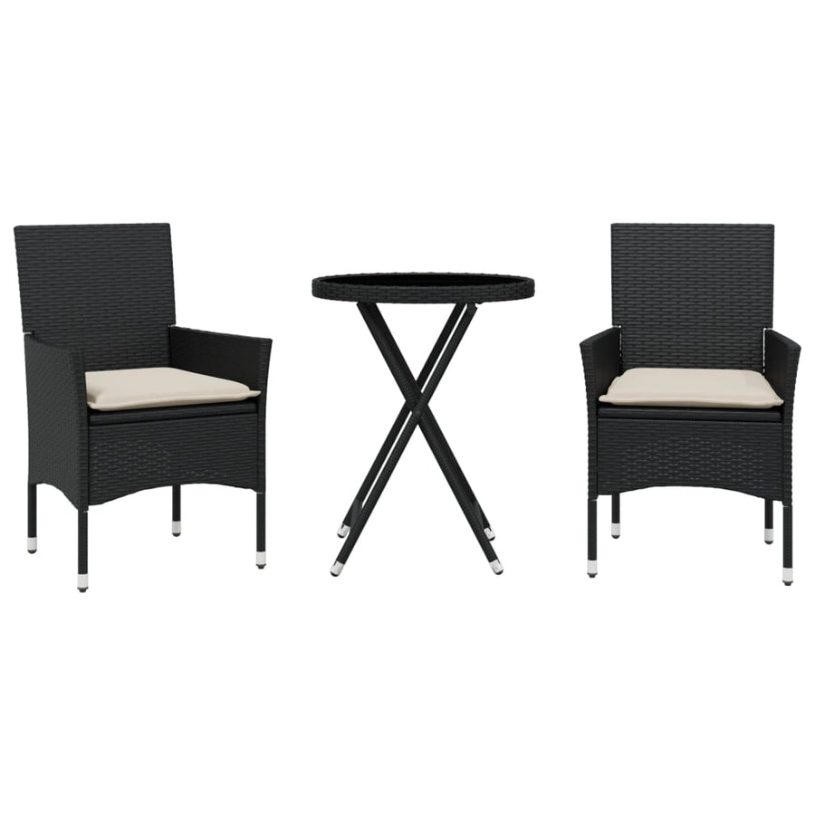 3-Delige Bistroset Met Kussens Poly Rattan En Glas Zwart en crème