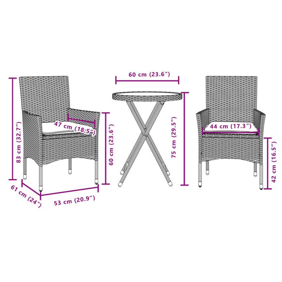 3-Delige Bistroset Met Kussens Poly Rattan En Glas Zwart en crème