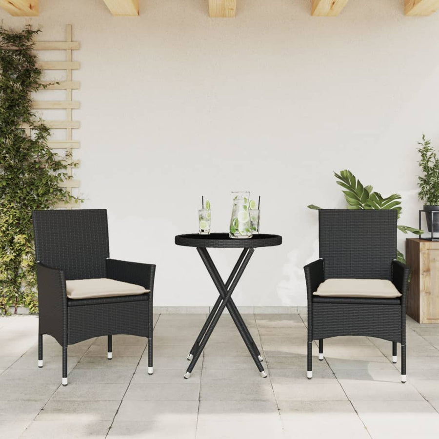3-Delige Bistroset Met Kussens Poly Rattan En Glas Zwart en crème