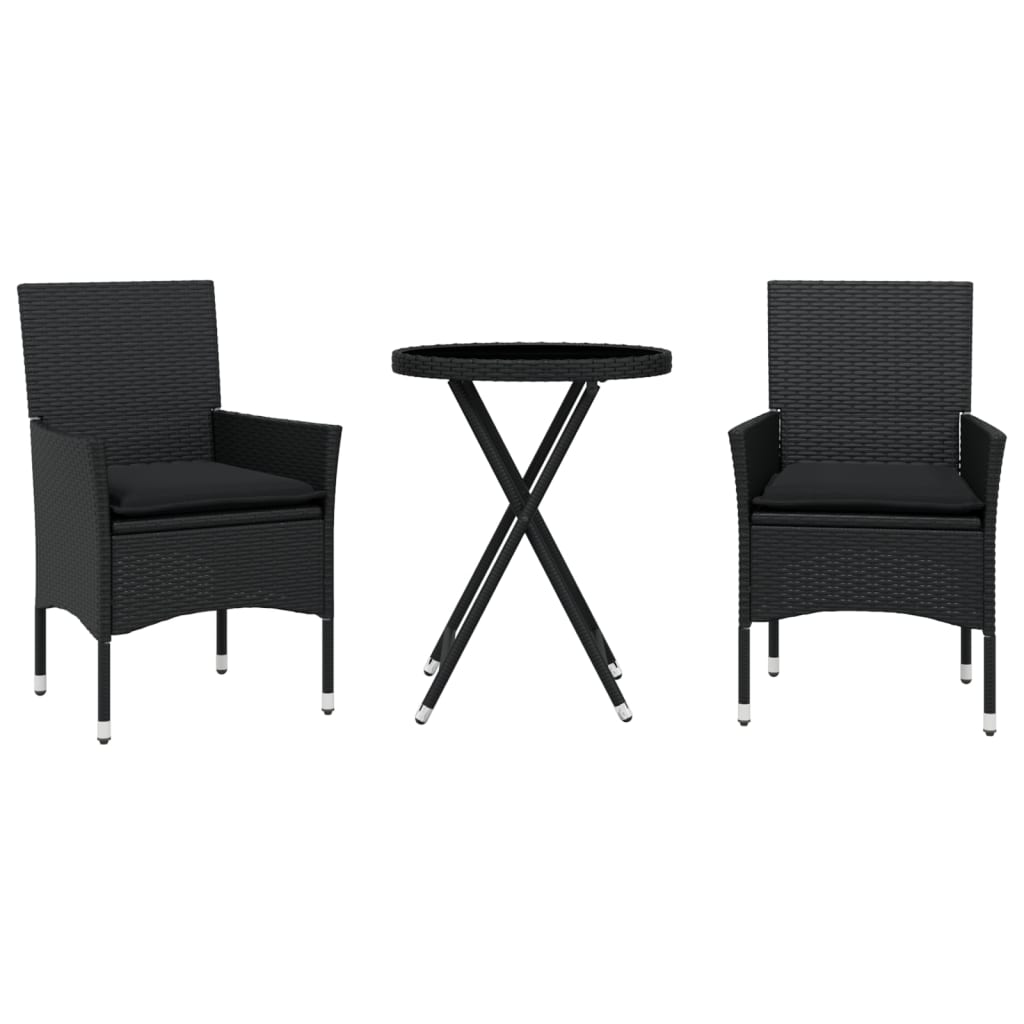 3-Delige Bistroset Met Kussens Poly Rattan En Glas Zwart