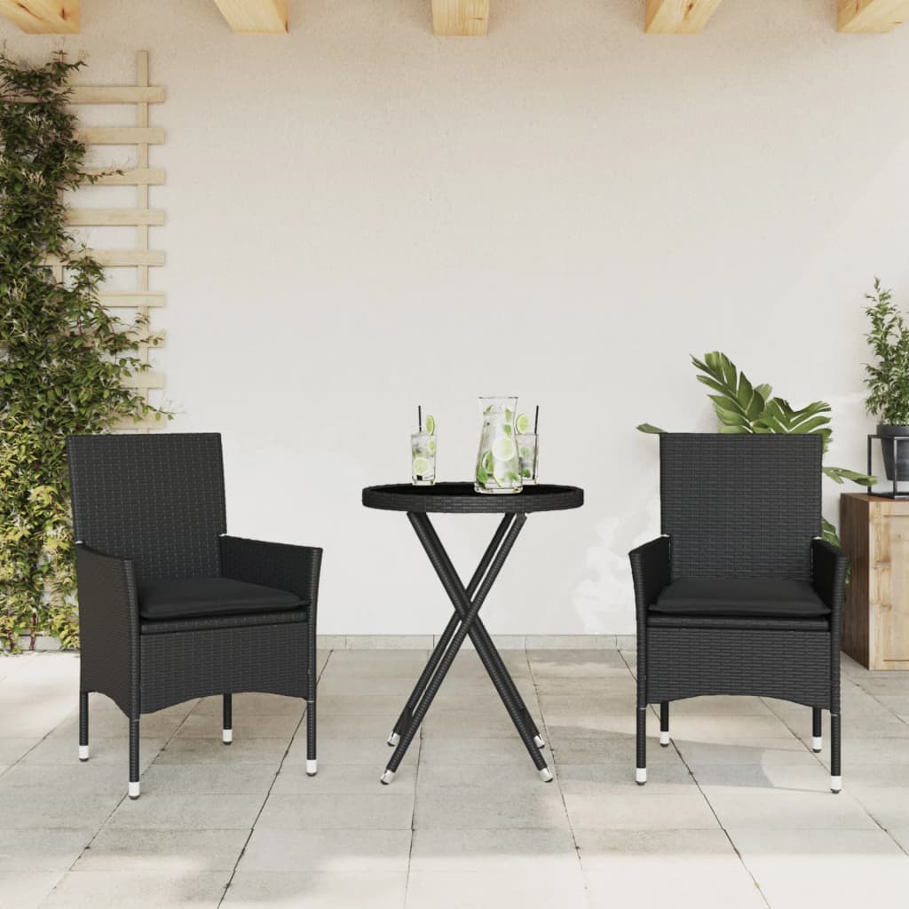 3-Delige Bistroset Met Kussens Poly Rattan En Glas Zwart