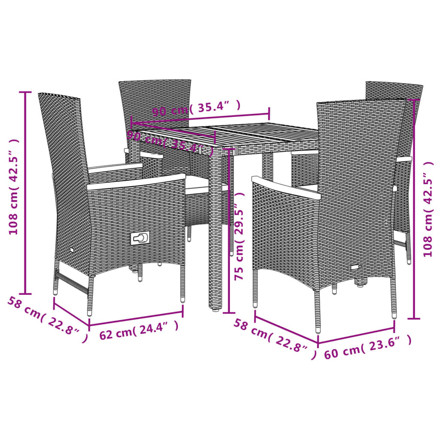 5-delige Tuinset met kussens poly rattan zwart