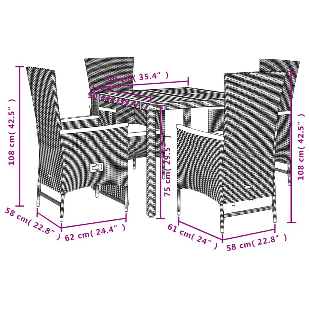 5-delige Tuinset met kussens poly rattan zwart