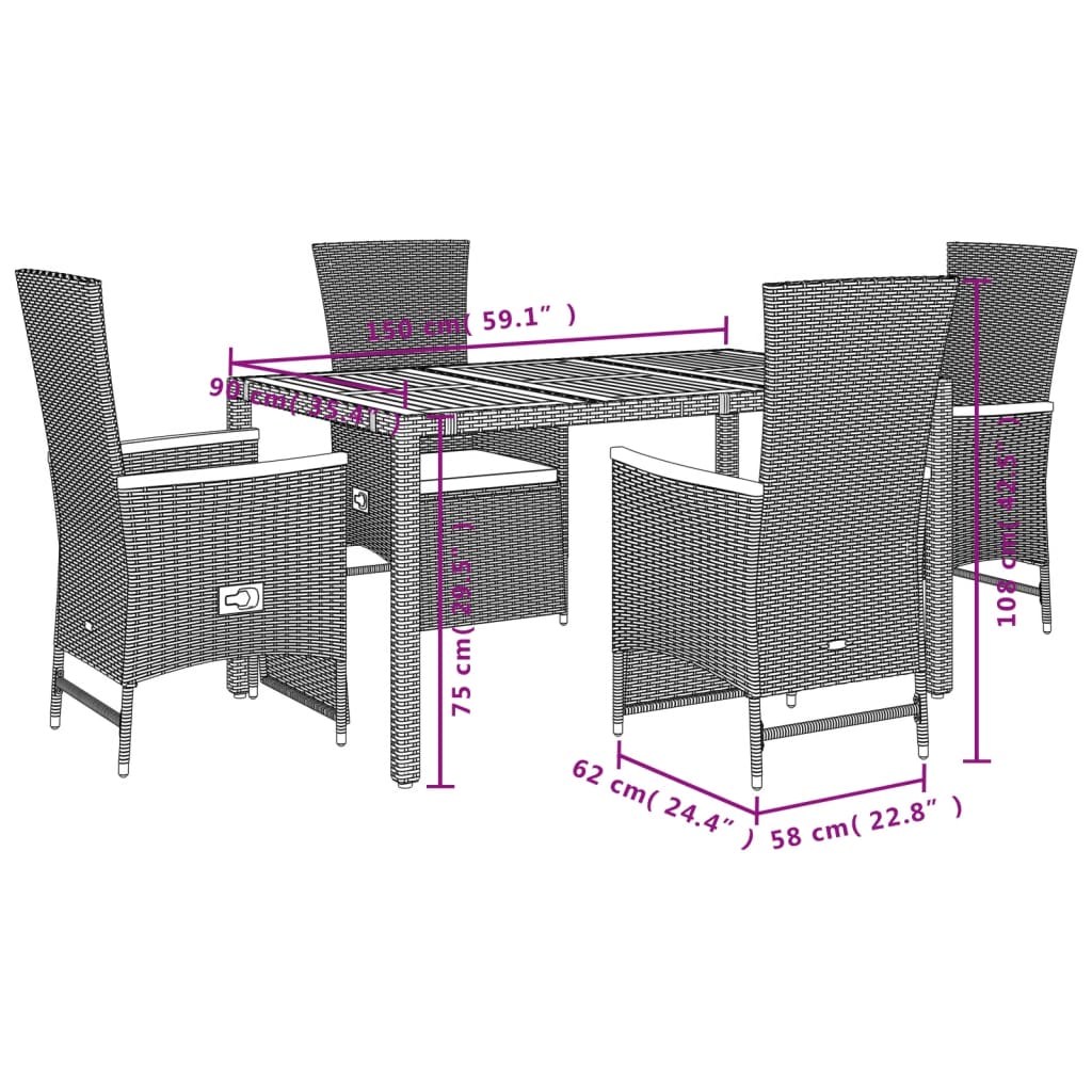 Tuinset Met Kussens Poly Rattan Zwart 5 150 cm tafellengte
