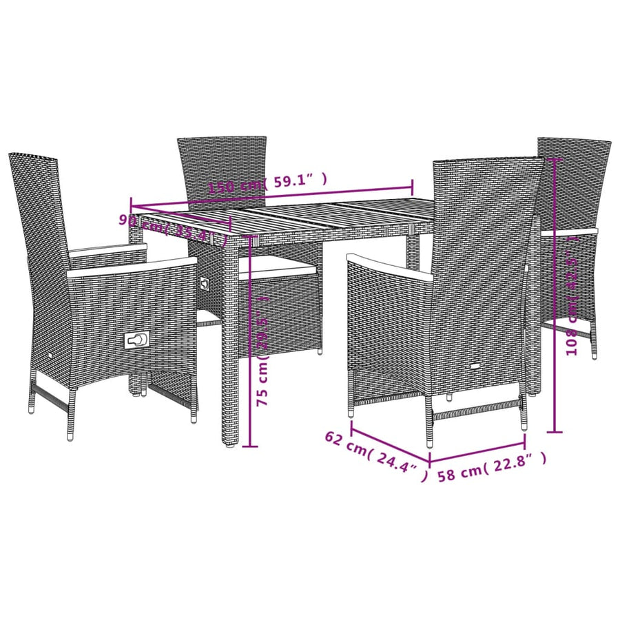 Tuinset Met Kussens Poly Rattan Zwart 5 150 cm tafellengte