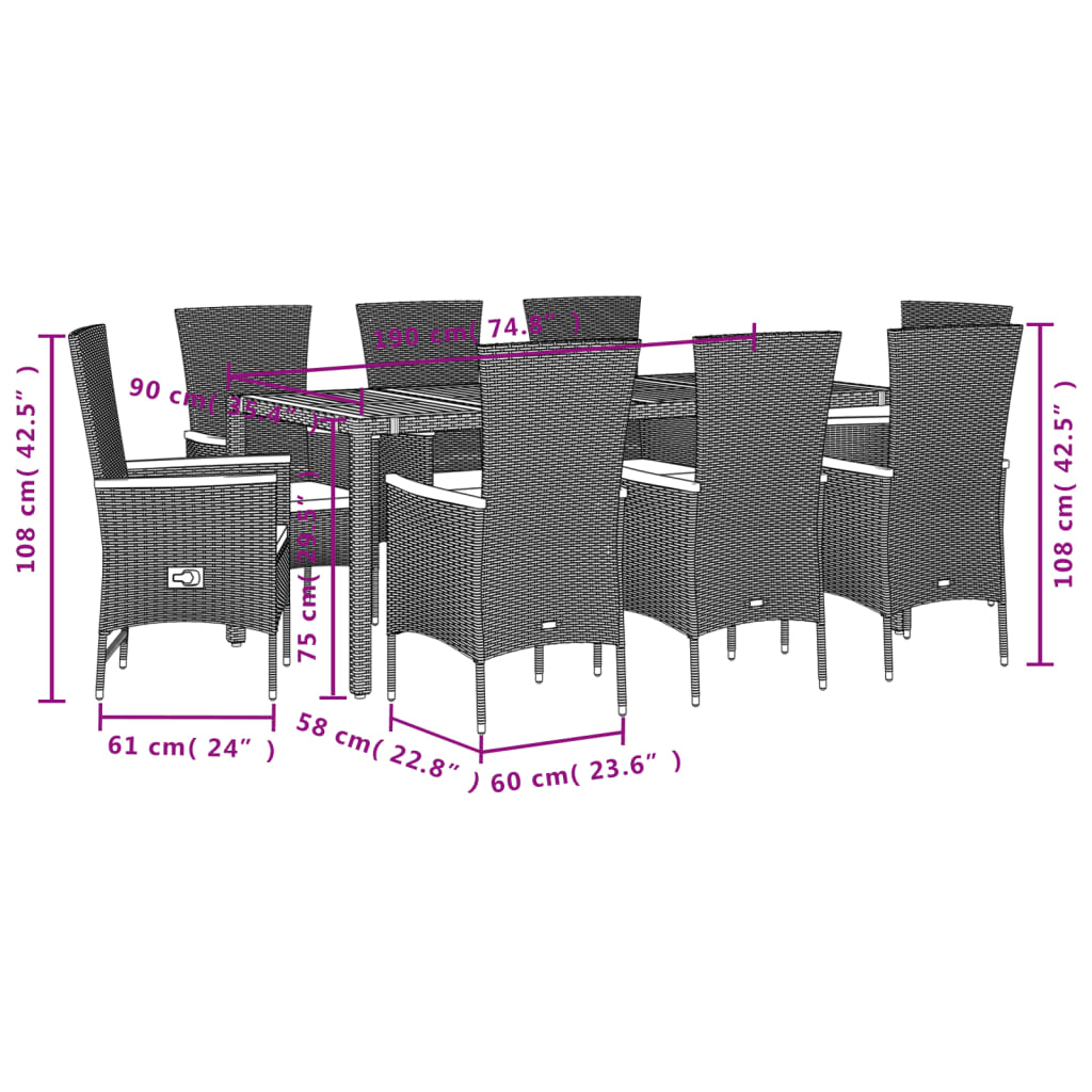 9-Delige Tuinset Poly Rattan Zwart 8 190 cm tafellengte