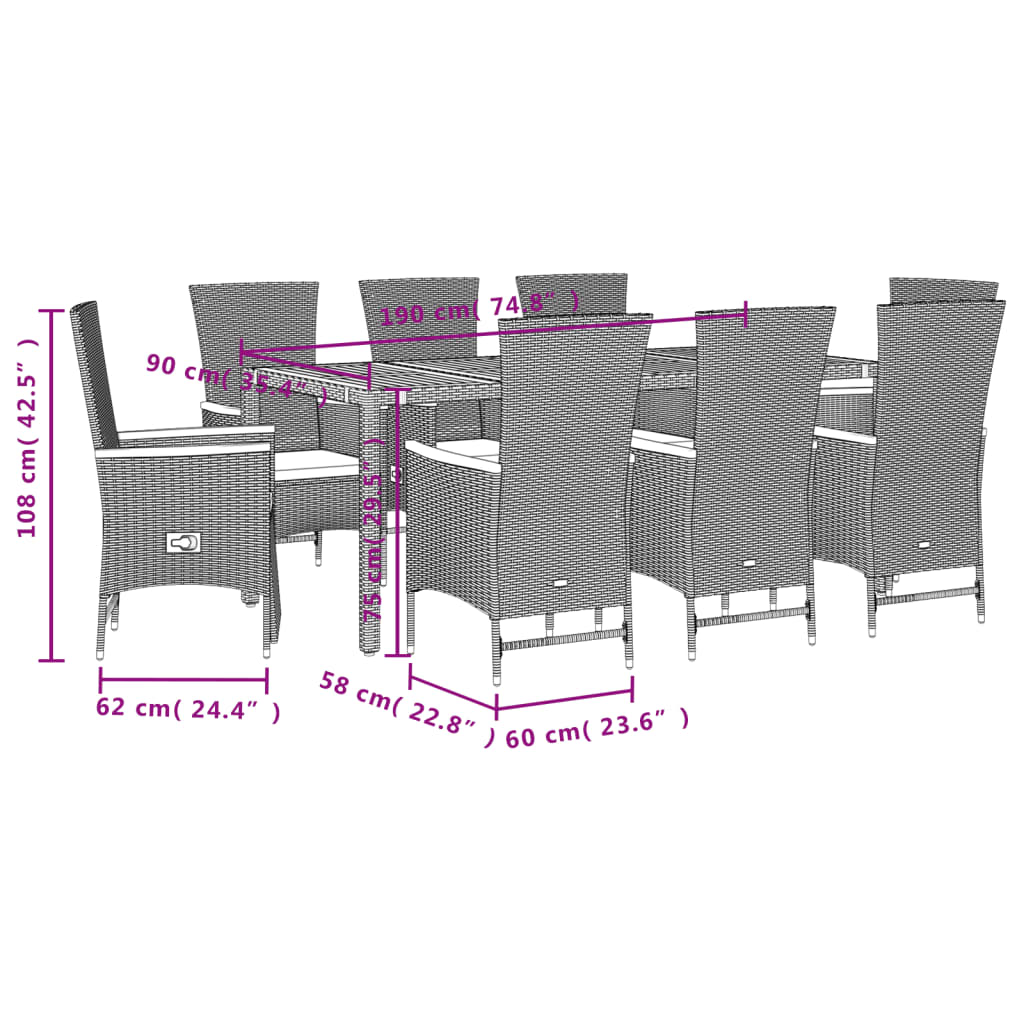 9-delige Tuinset poly rattan zwart