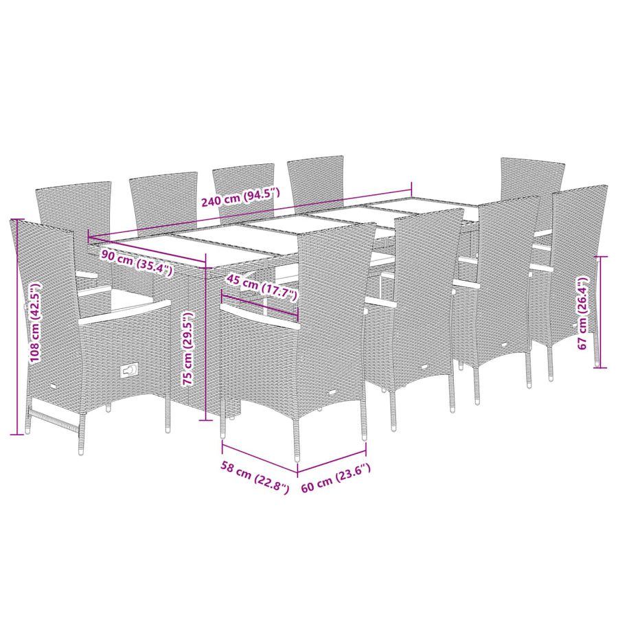 11-delige Tuinset met kussens poly rattan grijs