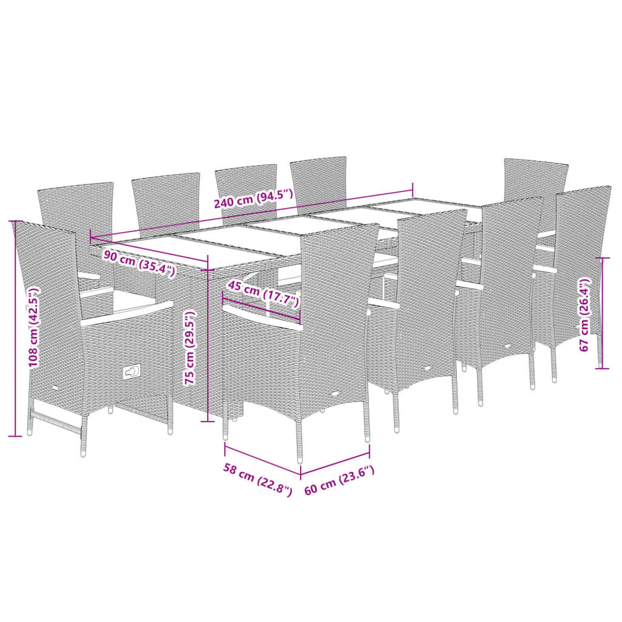 11-delige Tuinset met kussens poly rattan grijs