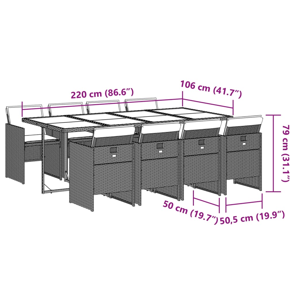 9-delige Tuinset met kussens poly rattan grijs