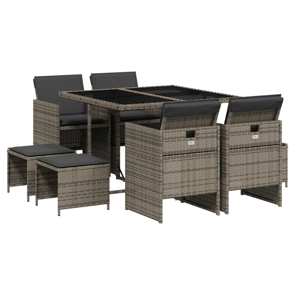 9-Delige Tuinset Met Kussens Poly Rattan 8 Grijs Glas