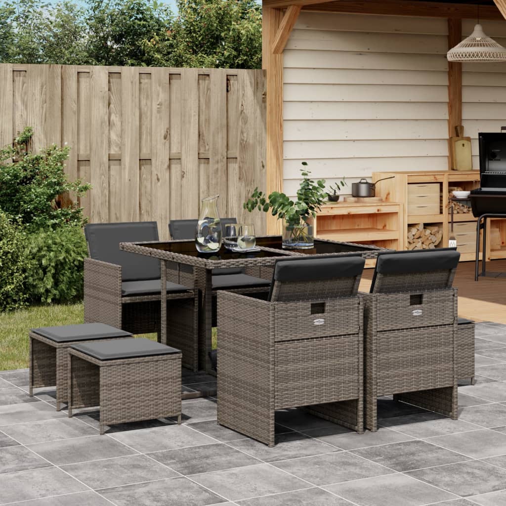 9-Delige Tuinset Met Kussens Poly Rattan 8 Grijs Glas