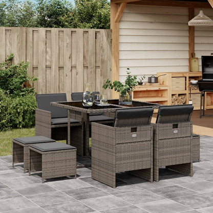 9-Delige Tuinset Met Kussens Poly Rattan 8 Grijs Glas