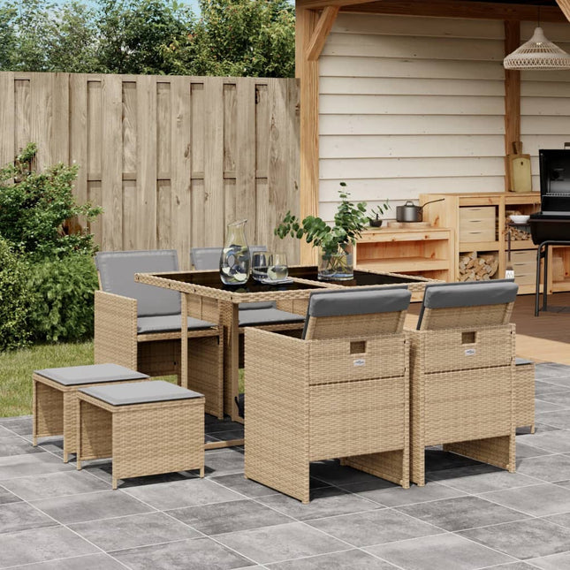 9-delige Tuinset met kussens poly rattan gemengd beige