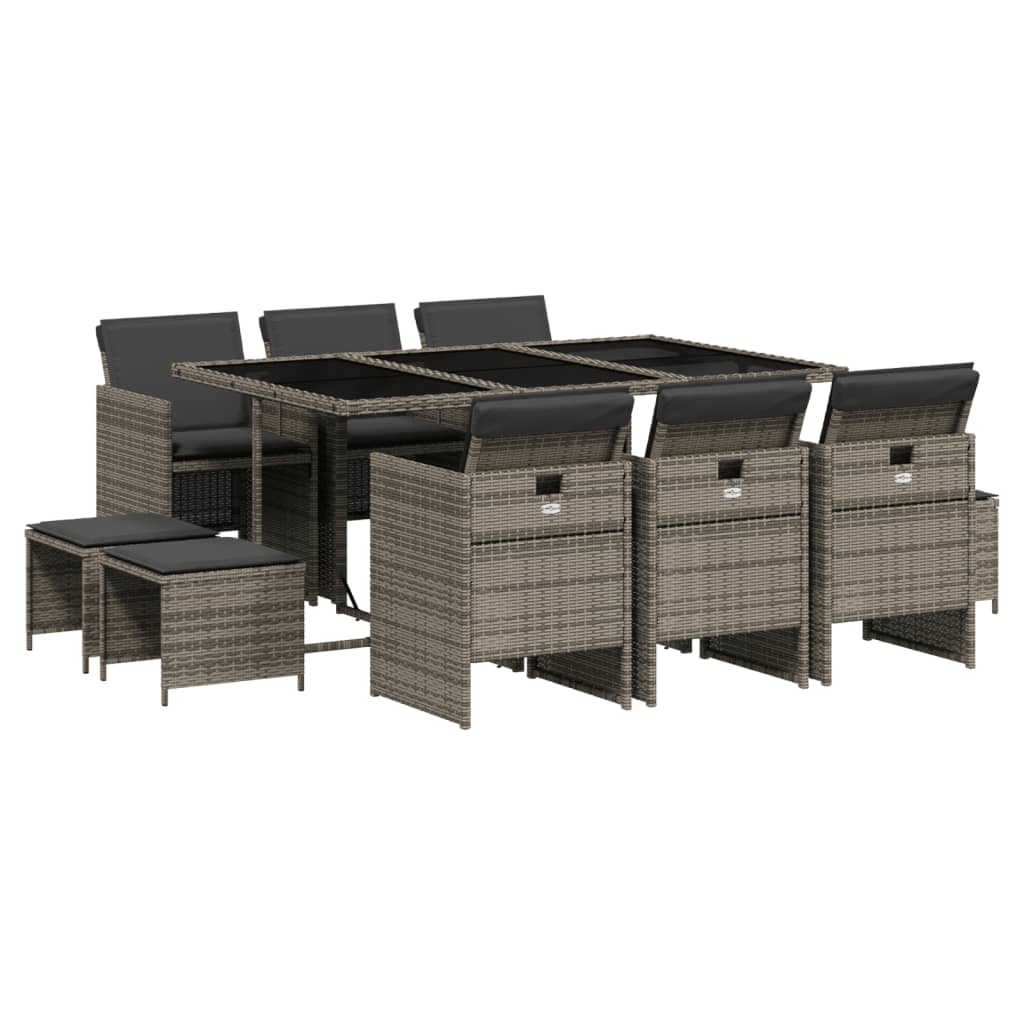 11-Delige Tuinset Met Kussens Poly Rattan 10 Grijs Glas
