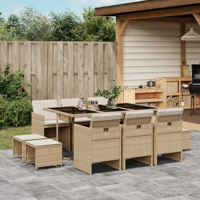 11-delige Tuinset met kussens poly rattan beige