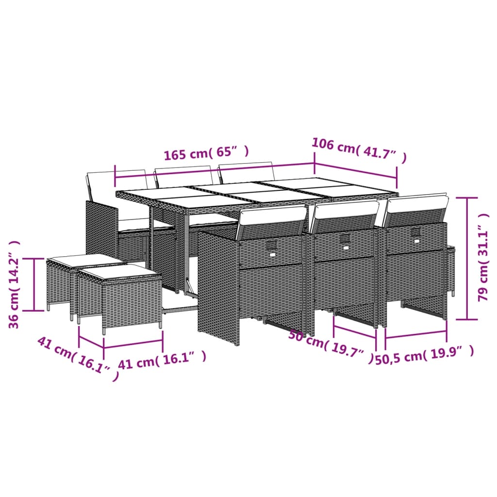 11-delige tuinset met kussens, grijs polyrotan